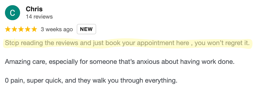 Five star Google review from Chris